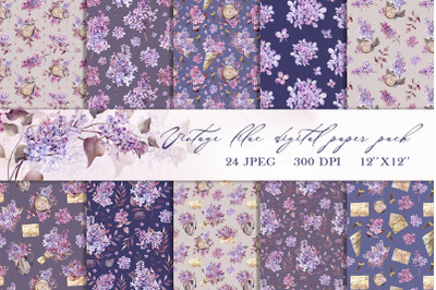 Vintage lilac digital paper, flowers seamless pattern jpg