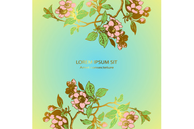 Drawing sakura flowers and leaves on branches border celebration label