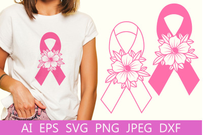 Breast cancer ribbon with flowers svg, Cancer awareness svg