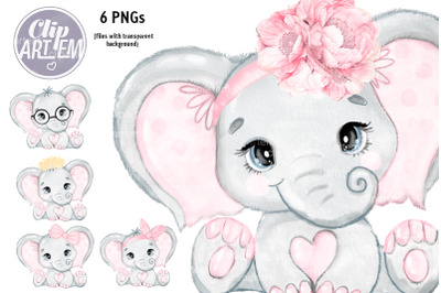 Blush Pink Elephant Watercolor 6 PNGs  Princess Baby Elephant Set