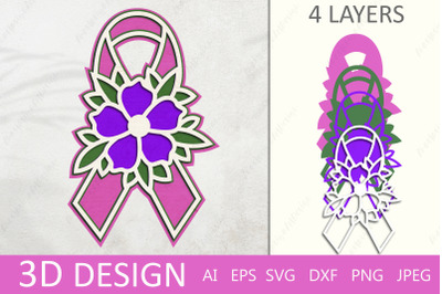 Cancer ribbon 3D layered, Breast cancer awareness laser cut