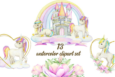 Unicorn Watercolor clipart, Instant download, frame clip art , Magic u