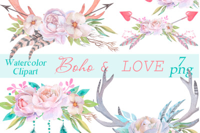 Flowers Horns Watercolor clipart, floral antlers, boho png.