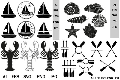 Marine svg bundle&2C; sailboat&2C; oars&2C; lobsters&2C; shells&2C; clipart