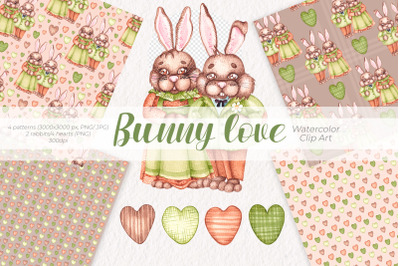 Bunny love/Watercolor Clipart PNG, JPG