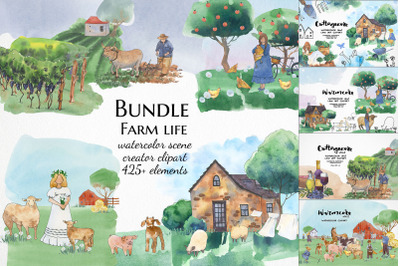 Farm life bundle, cottagecore clipart, Watercolor animal illustration