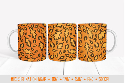 Autumn Leopard Mug Sublimation. Oak Leaves Mug Wrap Design