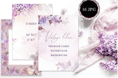 Lilac flowers watercolor background, pre-made printable card