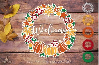 3d Fall Wreath Svg, Autumn Welcome round sign