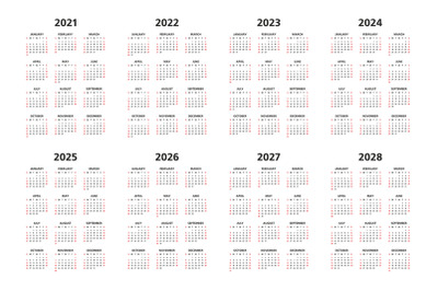 Calendar 2021, 2022 and 2028