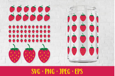 Strawberry glass can wrap. Summer berries can glass SVG