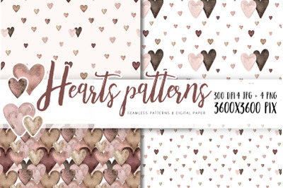 Watercolor hearts patterns set. Pastel heart Neutral Beige and Rose digital paper