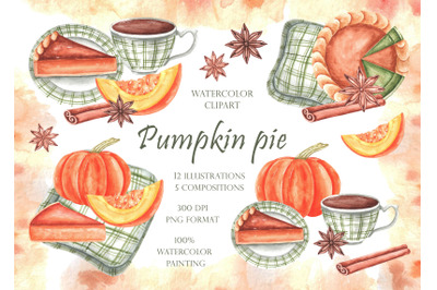 Pumpkin pie watercolor clipart. Baking. Pumpkin pie recipe. Cookbook.