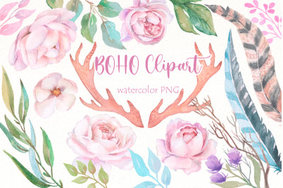 Boho Flowers Watercolor clipart, floral antlers, horns png.