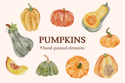 Pumpkins harvest Watercolor clipart PNG