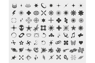 Y2K symbols. Retro star icons, trendy acid rave and graphic elements f