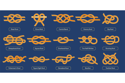 Sailing rope knot. Square reef, tomfool and overhand knots. Nautical r