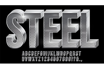 Perforated steel font. Metal typeface, metallic letter and chrome numb