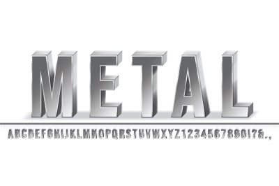 Realistic metal font. Shiny metallic 3D letters with extrude effect an