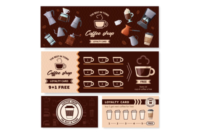 Coffee cafe loyalty card. Collecting stamps coupon, cafe gift bonus an