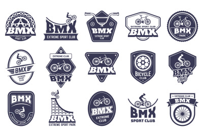 Bicycle motocross badges. Bmx extreme label, sport bike emblem and bic
