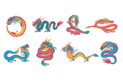 Asian dragons. Chinese mythological creatures, ancient legend animals