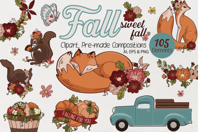 Retro Autumn Animal Friends Illustrations, Clipart, Digital Stickers,