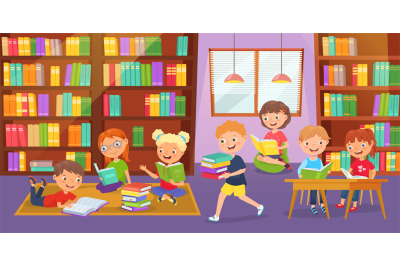 Kids library. Children study together, reading books and young readers