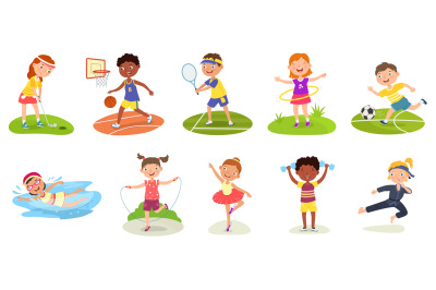 Sport kids. Basketball kid, karate boy and girl playing golf. Swimming