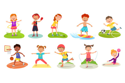 Children sport activities. Different exercises for active kids, happy