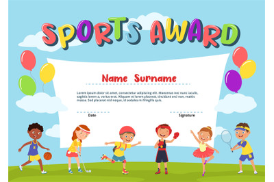 Kids sport diploma. Active kid certificate, school award template with