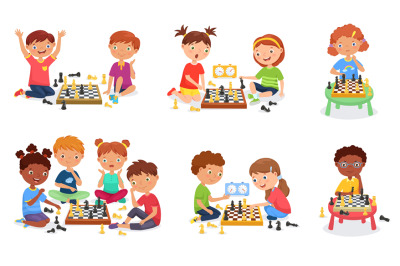 Kids play chess. Young boys and girls playing in chess club, strategy