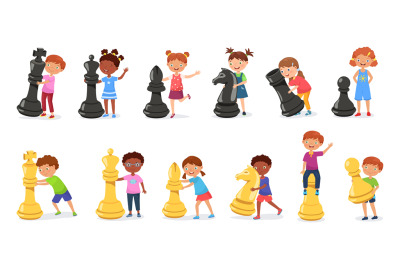 Kids with giant chess figures. Cartoon child playing chess game with h