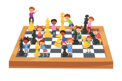 Children play giant chess. Boys and girls play with bishop, queen and