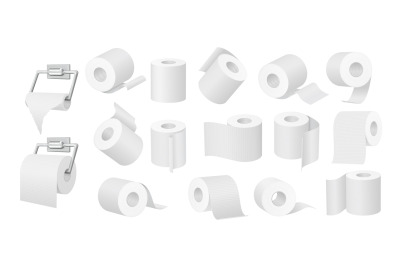 Toilet paper roll. Soft white rolls, empty tube and 3D kitchen towel v