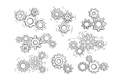 Sketch gears. Engineer work, transmission motion and working gear mech