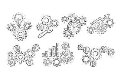 Hand drawn gear. Idea light bulb, financial mechanism charts and time