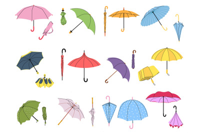 Various umbrellas. Folded parasol, open umbrella for rainy weather. Di