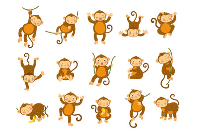 Cute monkey. Cartoon wild animals in different poses, funny ape monkey