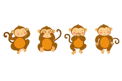 Wise monkeys. Cute ape with hands covering mouth, eyes and ears. Blind