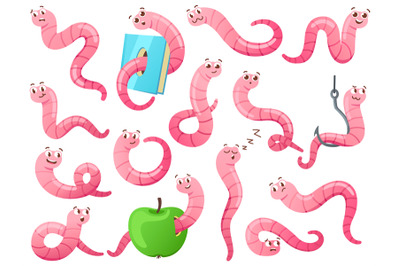 Cartoon worm in different poses. Crawling earthworm, attractive worm o