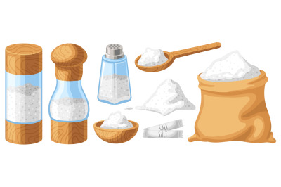 Cartoon salt. Wooden shaker, spoon and bowl. Bag of sugar or baking so