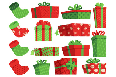 Christmas gifts. Xmas stocking for presents, wrapped boxes decorated f