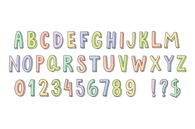 Hand drawn font. Cute doodle font with colorful letters and cartoon nu