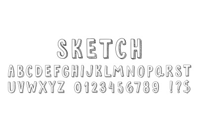 Hand drawn sketch font. Alphabet for doodle lettering, stylised number