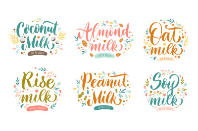 Vegan milk lettering. Coconut, peanut and almond nuts drink. Oat cerea