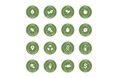 Product 100_ icons. Organic natural vegan products labels, sugar, egg