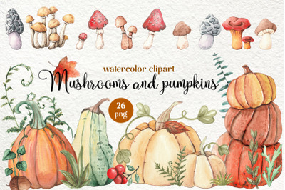 Watercolor mushrooms and pumpkins, Autumn Clipart