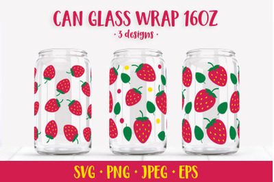 Strawberries glass can wrap. Summer berry can glass SVG