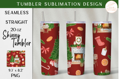 Christmas Tumbler Sublimation. Watercolor Winter Fireplace Wrap PNG